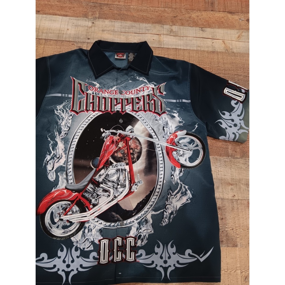Orange County Choppers Mens Large Black Graphic Button Biker Motorcycle 2395‎